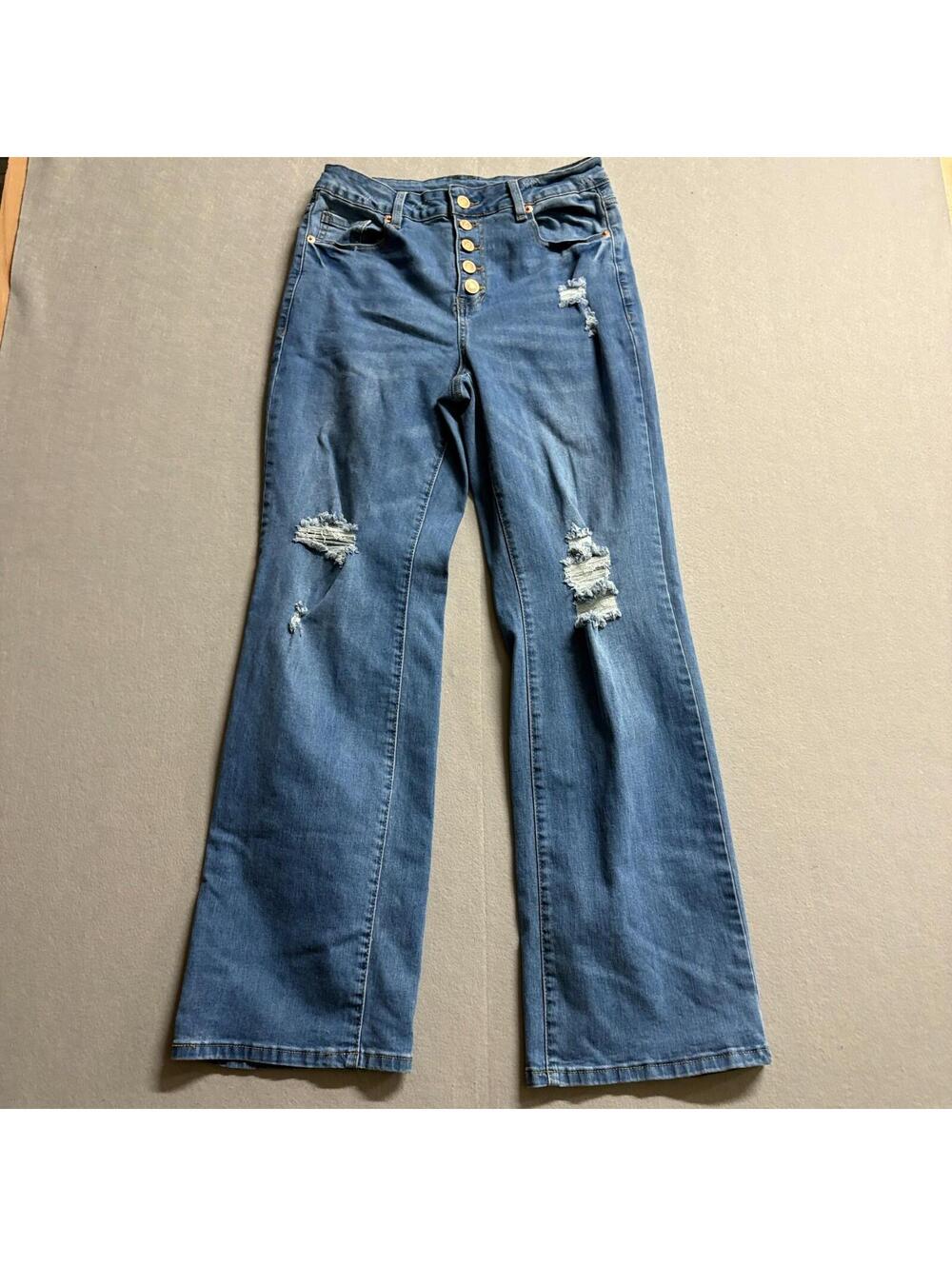 Y2K Distressed Flare Jeans Womens Size M Fits Like 28x30 Button Fly Stretch